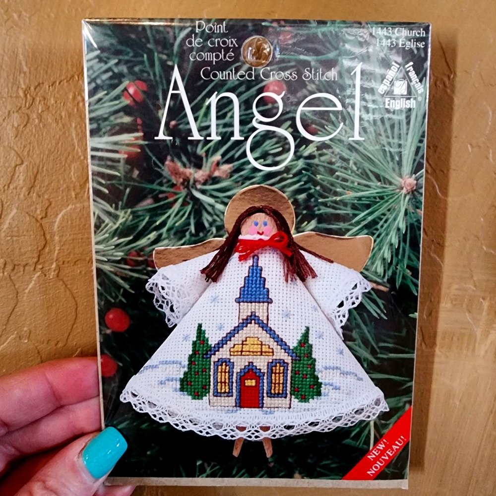 DIY - 1998 Holiday Cross Stitch Church on Clothespin Angel Gold Wings Ornament